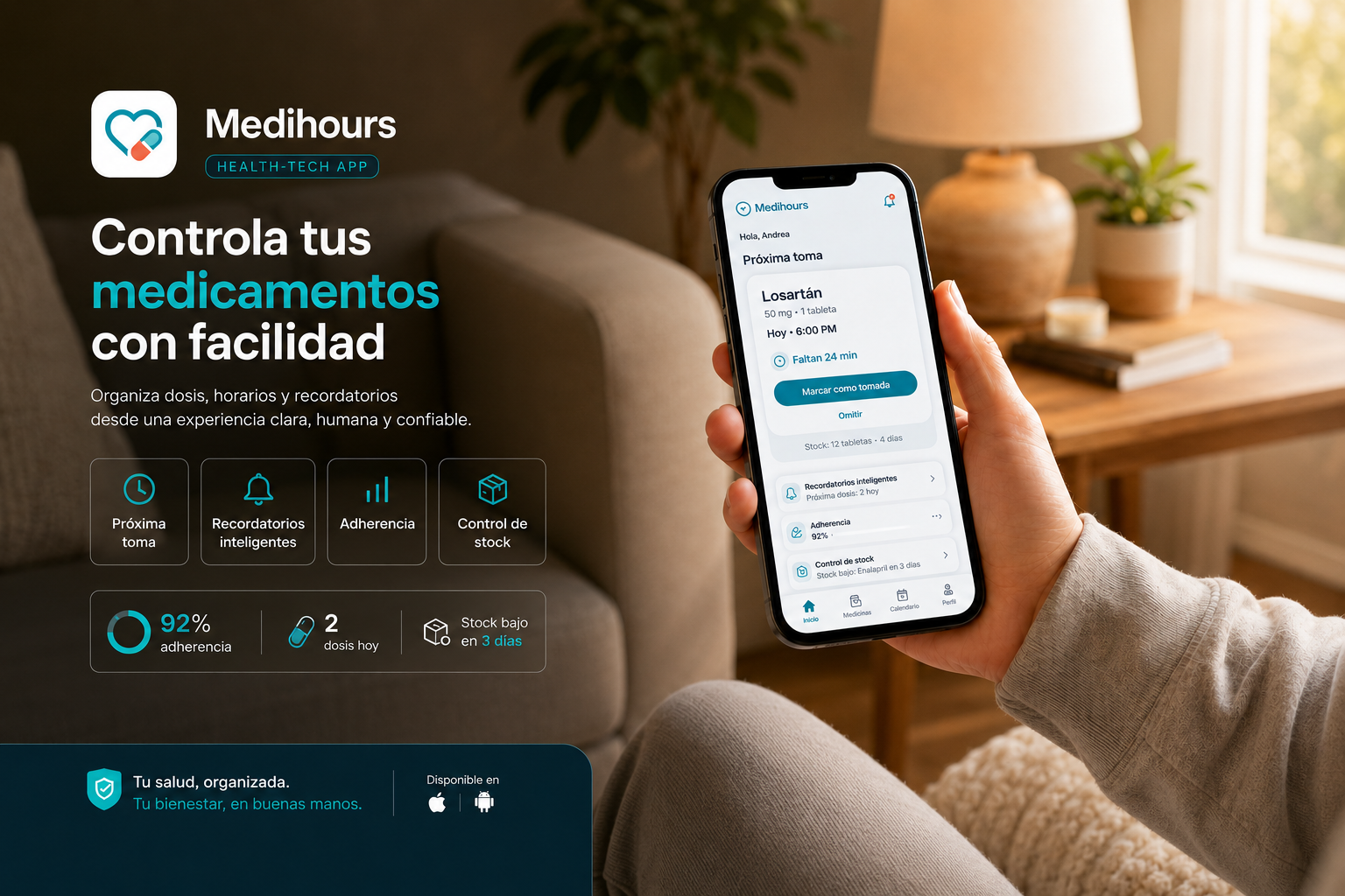 Medihours mostrando una próxima toma y recordatorios en un dispositivo móvil