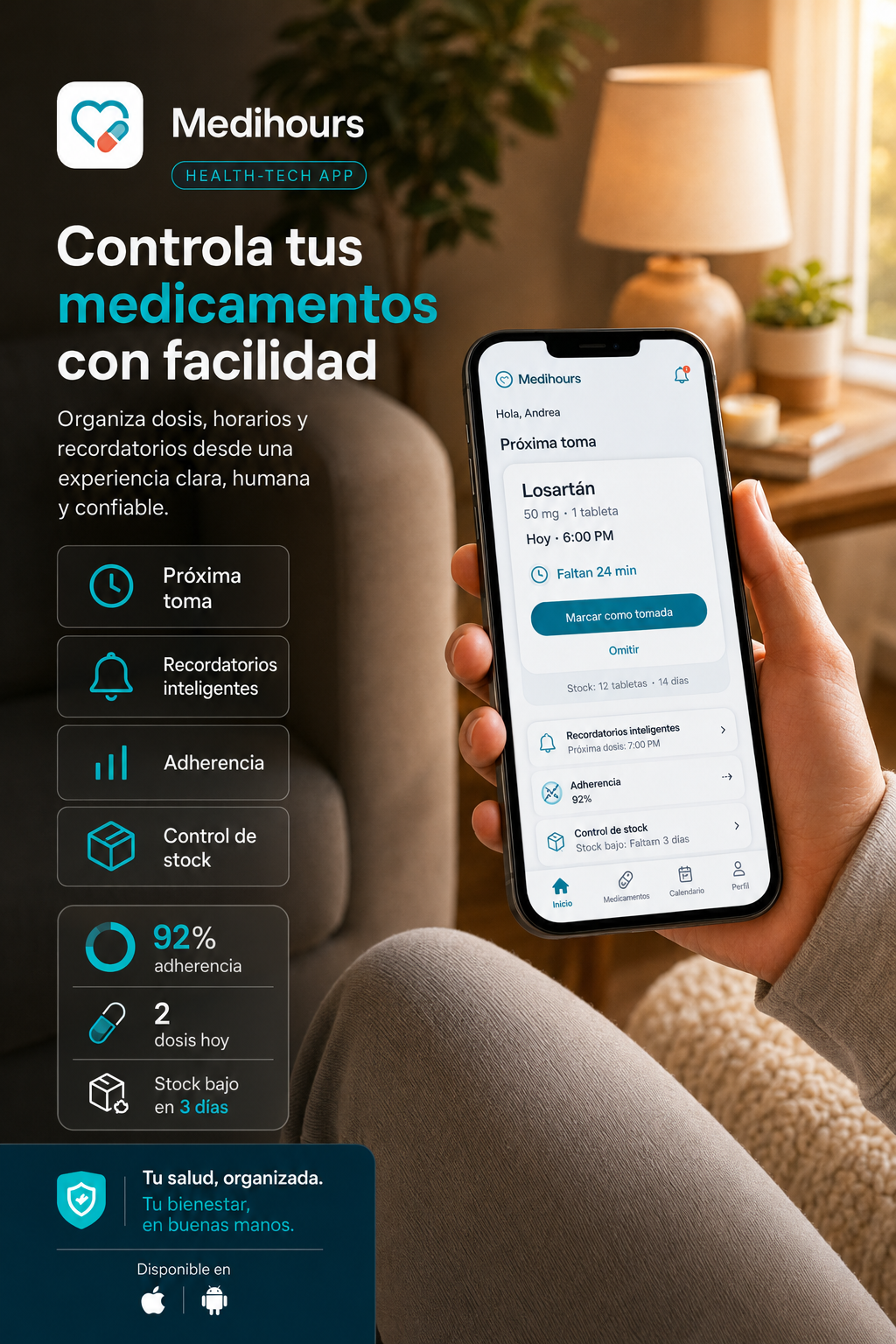 Medihours en un teléfono móvil para organizar medicamentos y recordatorios