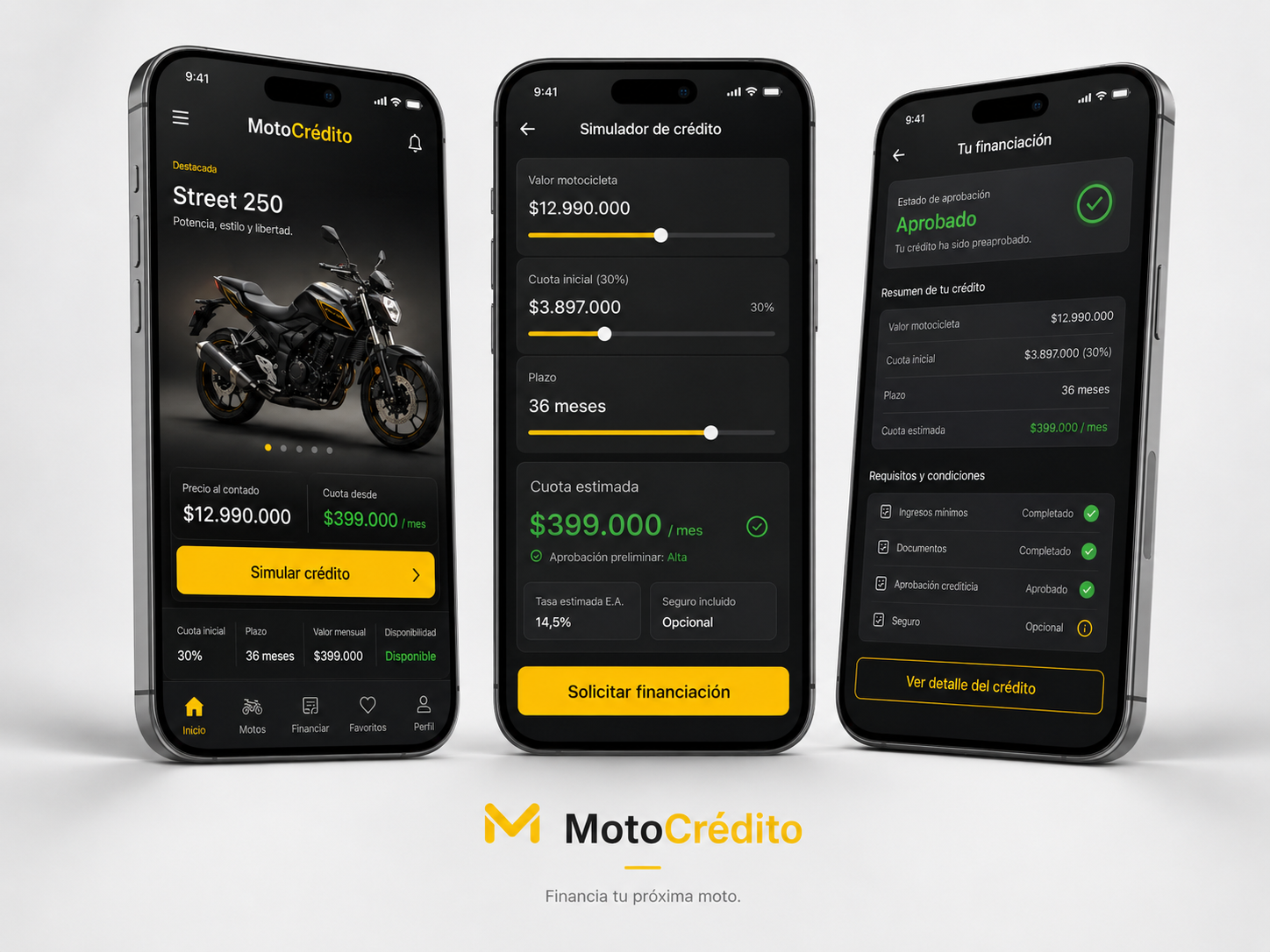 Interfaz de escritorio de MotoCrédito para explorar motocicletas
