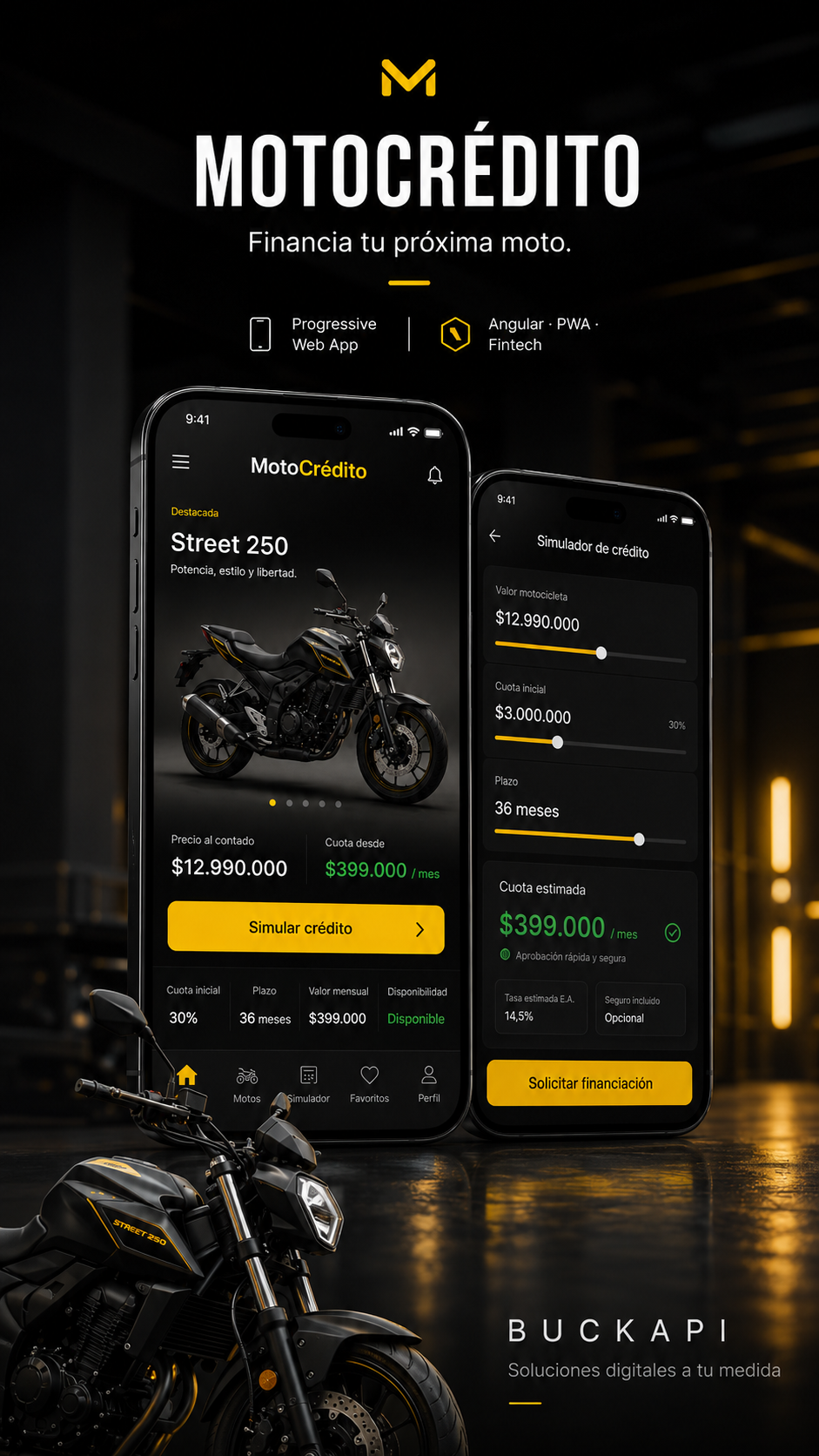 Interfaz mobile de MotoCrédito con opciones de financiación de motocicletas